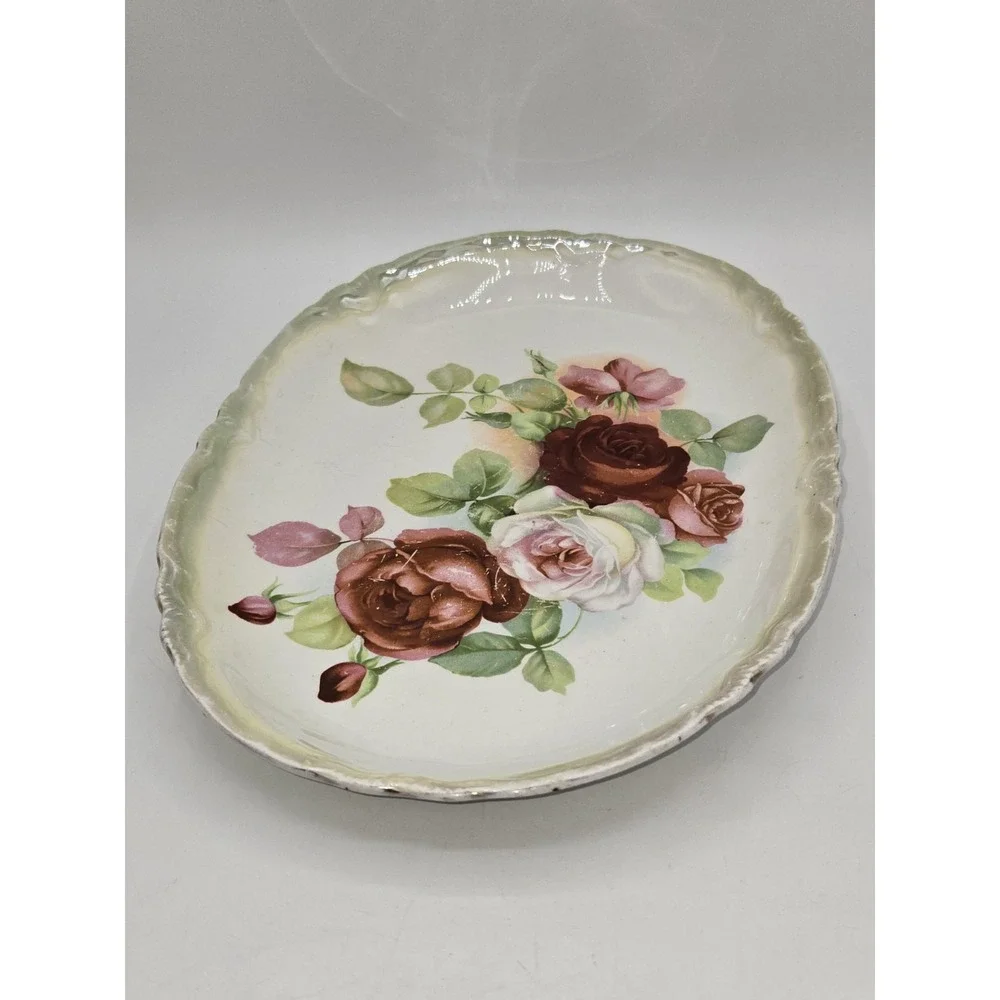 Antique Victorian Floral Transferware Oval Serving Platter Roses Scalloped 1891